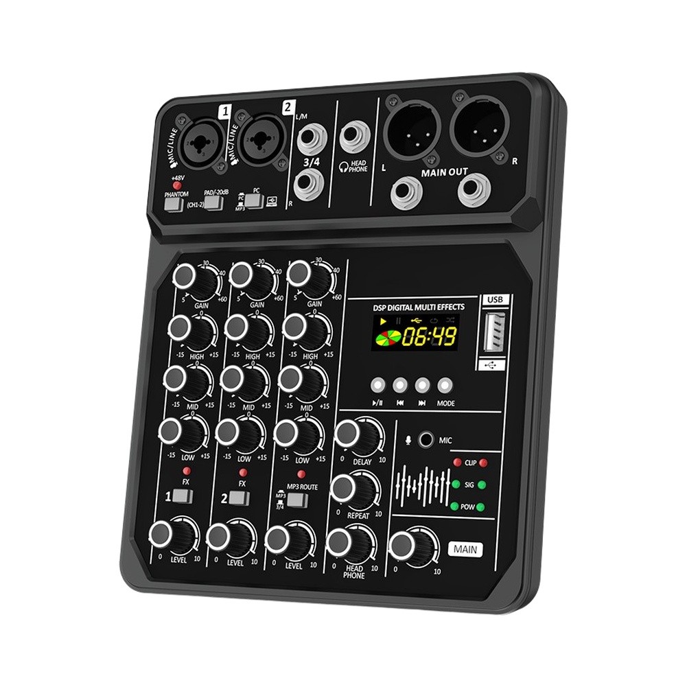 Audio And Music Mixer - Draagbare 4-kanaals audiomixer met 48V ondersteuning